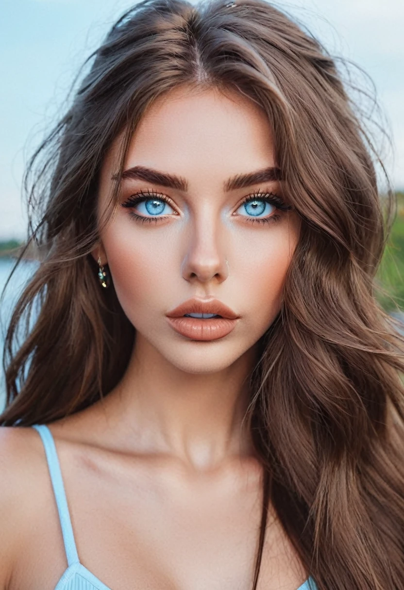 Instagram model, , brown long hair, light blue eyes, big lips, beautiful face, nose piercing, close-up of face , cateye