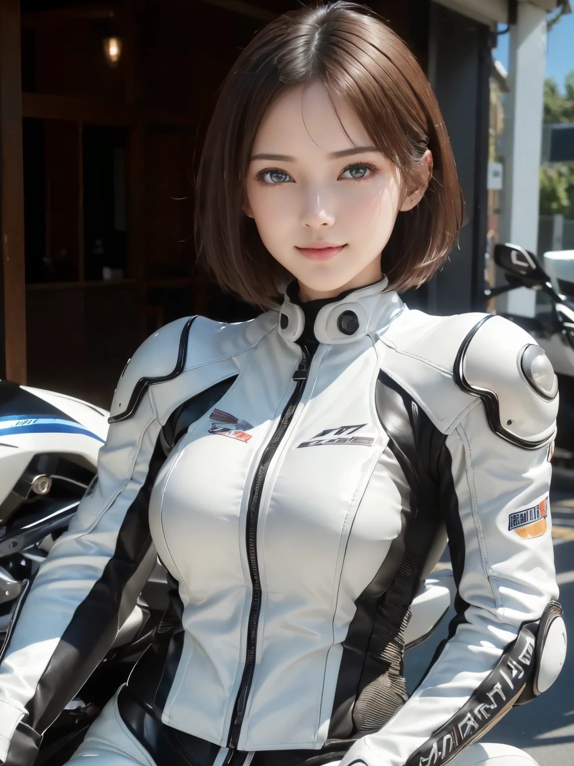 (8K, Highest quality photo quality:1.3), so beautiful, .3d, Brown Hair、Very Short Hair, blue eyes, (Abdominal muscles, Slim figure: 1.1), Sharp focus, (((Intricate details)), Beautiful and delicate lips, Beautiful and delicate nose, Beautiful and delicate face, Beautiful and delicate eyes, ((Realisticなしっとりと白い肌)), (Realistic, Realistic), Cinematic Light, Face Light, Attractive long limbs, smile, (((Detailed Motorcycle)))、(((Riding a motorcycle)))、Full Body Shot、White fitted long sleeve racing leather suit