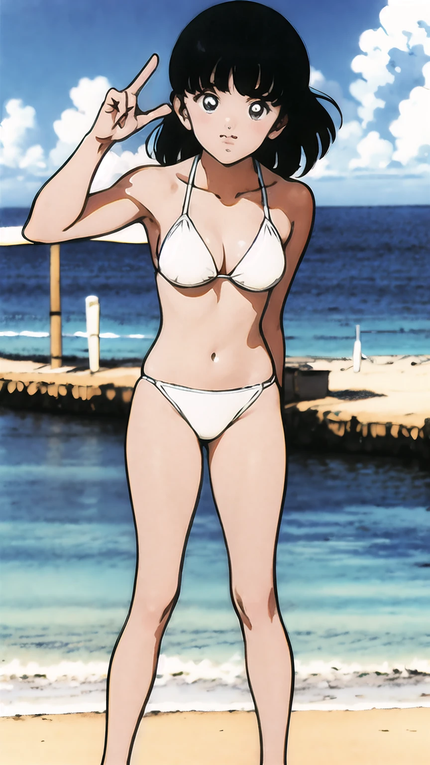 (((character:asakura minami:1.3))),((masterpiece)),((highest quality)),Super detailed,(thin entire outline),enlightenment,explicit,entp,1girl,solo,black hair,medium hair,black eyes,small nose,perfect body,beautiful body,beautiful character design,perfect eyes,perfect face,((happy smile)),small open mouth,(enjoy,having fun:1.2),perspiration,wallpaper,ultra high resolution,8k,photo shoot,(beautiful large breast:1.2),beautiful legs,perfect feet,beautiful skin,fair skin,smooth skin,official style,official art,make a screen cap,outdoor,(summer beach),sunshine,bright lighting,(white micro bikinis),split legs,peace sign,