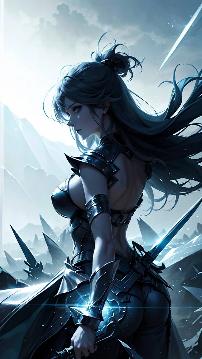 Two twin women while holding blue swords, ice swords, blue, blue aura, two women, twins, twin ice swords.HD lighting and dark )<=(epic image quality)dark atmosphere with bright particle light(many effects in background)
