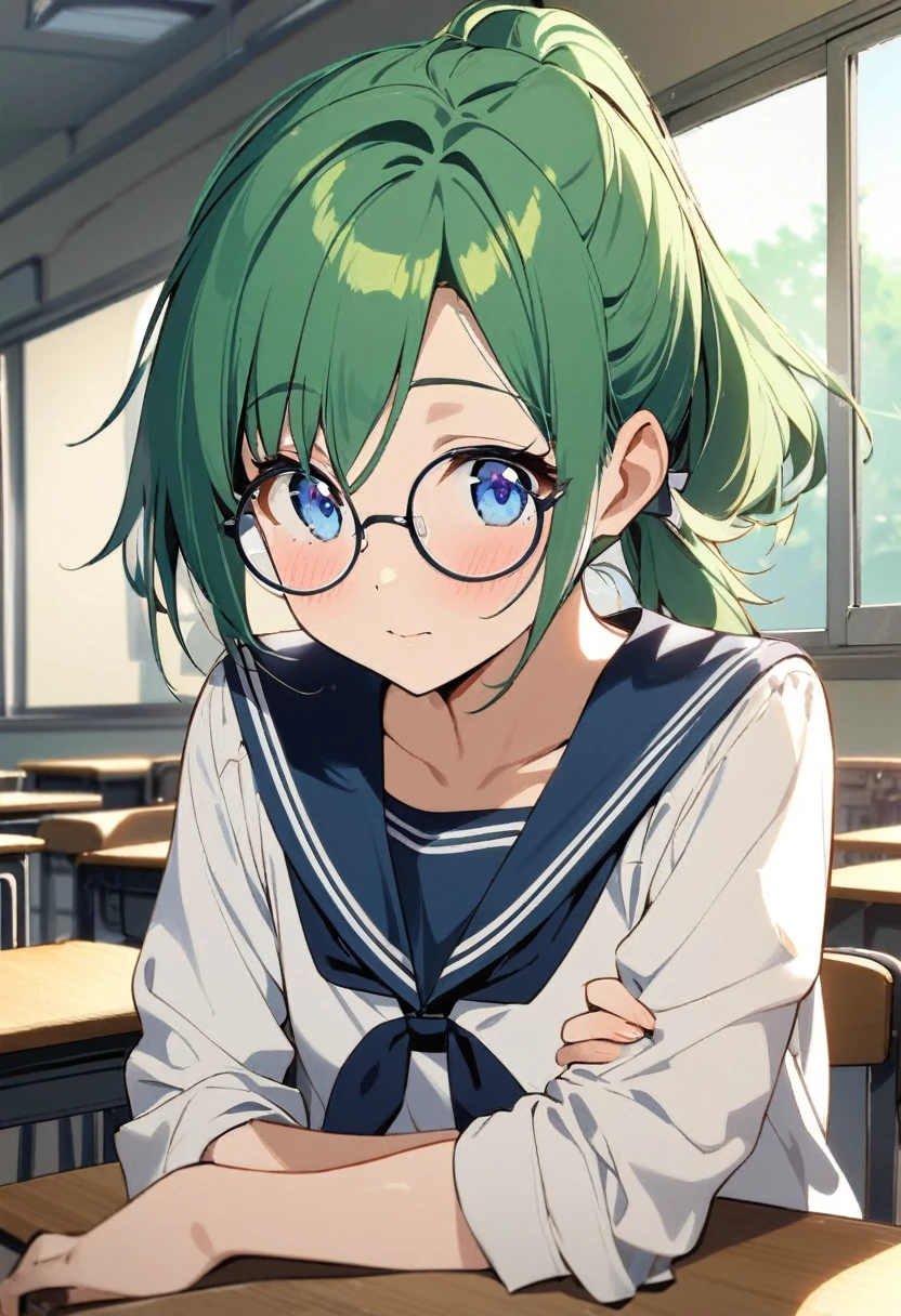 1girl ,green hair,short ponytail,blue eyes,round_eyewear,serafuku,classroom