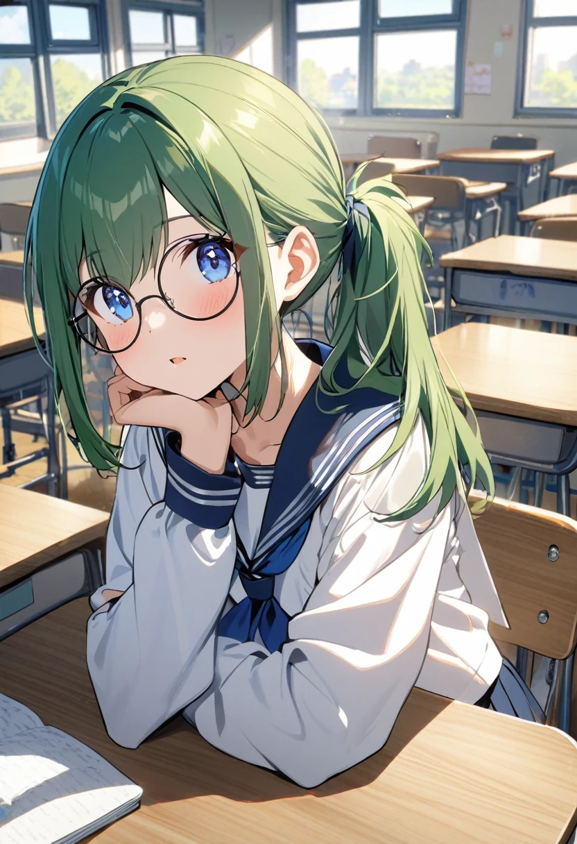 1girl 15 years old,green hair,short ponytail,blue eyes,round_eyewear,serafuku,classroom