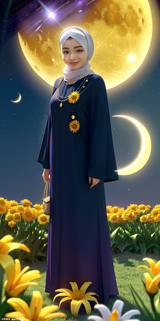 3D caricature of a smiling woman with a hijab centered in a glowing crescent moon against a dark background. Include bright flowers such as yellow daisies, orange marigolds, purple irises, and white lilies around the crescent moon. Add green foliage to complement the flowers and place a large, glowing purple butterfly on one side of the composition. At the bottom of this serene scene, include elegant text that reads ‘Siska W’.” Realistic, HD.