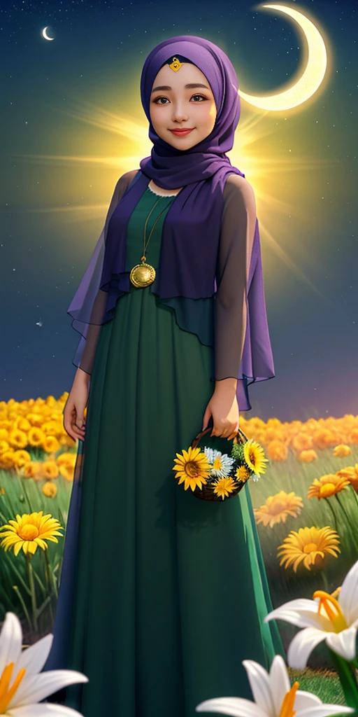 3D caricature of a smiling woman with a hijab centered in a glowing crescent moon against a dark background. Include bright flowers such as yellow daisies, orange marigolds, purple irises, and white lilies around the crescent moon. Add green foliage to complement the flowers and place a large, glowing purple butterfly on one side of the composition. At the bottom of this serene scene, include elegant text that reads ‘Siska W’.” Realistic, HD.