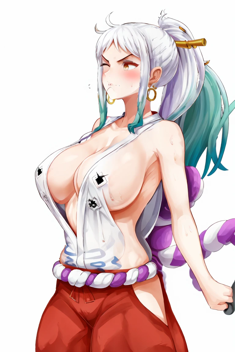 score_9,score_8_superior,score_7_superior,score_6_superior, Yamato \(one piece\), One girl, alone, kimono, Multicolored Hair, jewelry, Earrings, No sleeve kimono, hair ornaments, kimono, Wrapping angle, Long Hair, They are, superiorper body, Confused face,?mark, rope, chest, Hairpin, No sleeve, shimenawa, White Background, Mouth closed, hoop Earrings, Bare shoulders, Simple Background, ponytail 1 girl, alone, 巨大なchest, Looking at the audience, Skin dents,