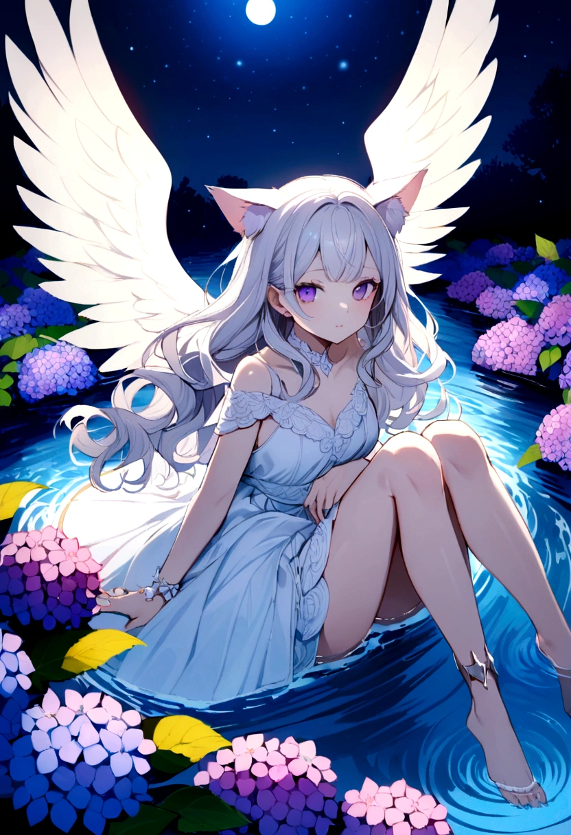 A delicate and elegant girl, Long wavy hair that reaches the knees,White hair is very attractive, Detailed and precise manual work, Attractive girl, White cat ears, look at me, Purple eyes and white eyelashes,Her cheeks turned red,Big angel wings,On the water, A subject that stands out against the dark night sky,A lot of hydrangea, White Dress, Dramatic moonlight that makes your subject stand out,star,惑star, barefoot,Ankle decoration,floating、Girl in the night sky。