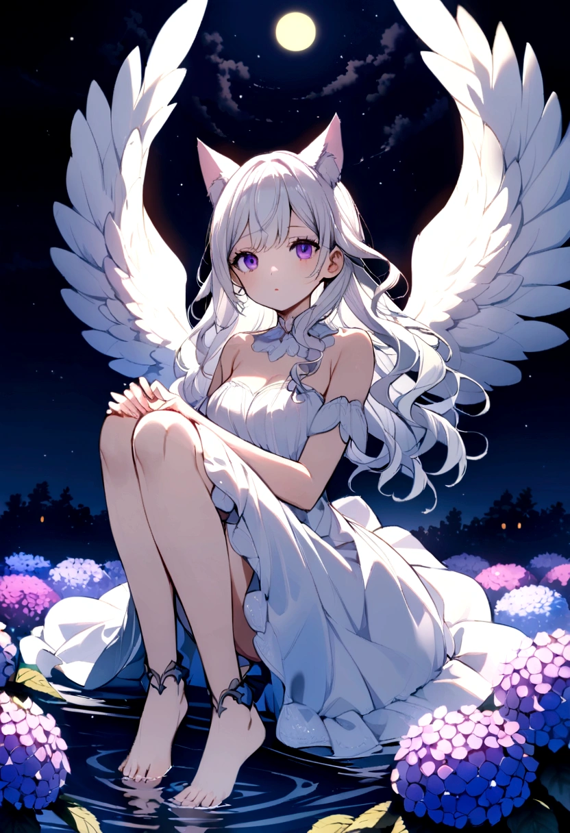 A delicate and elegant girl, Long wavy hair that reaches the knees,White hair is very attractive, Detailed and precise manual work, Attractive girl, White cat ears, look at me, Purple eyes and white eyelashes,Her cheeks turned red,Big angel wings,On the water, A subject that stands out against the dark night sky,A lot of hydrangea, White Dress, Dramatic moonlight that makes your subject stand out,star,惑star, barefoot,Ankle decoration,floating、Girl in the night sky。