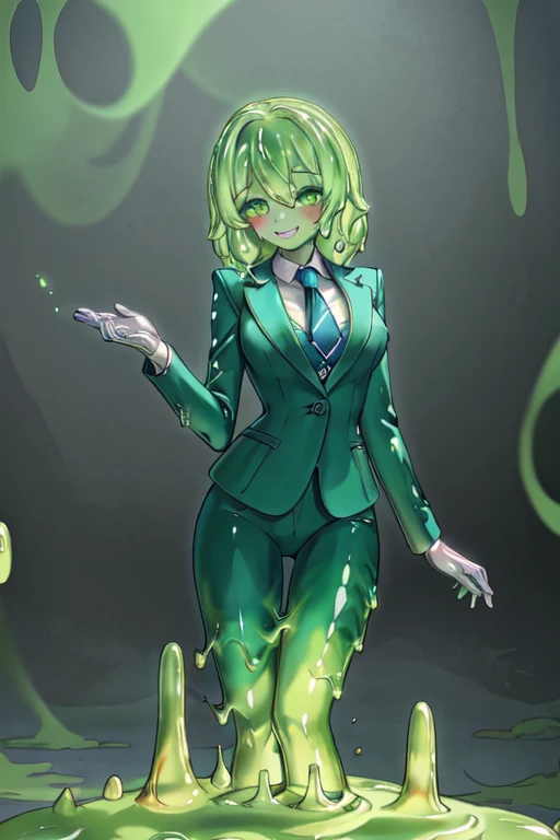 a beautifully detailed slime girl with luminous green eyes, blushing cheeks, and a warm smile, standing gracefully in a masterpiece-level illustration, ultra-detailed and high-resolution, 1boy, business suit