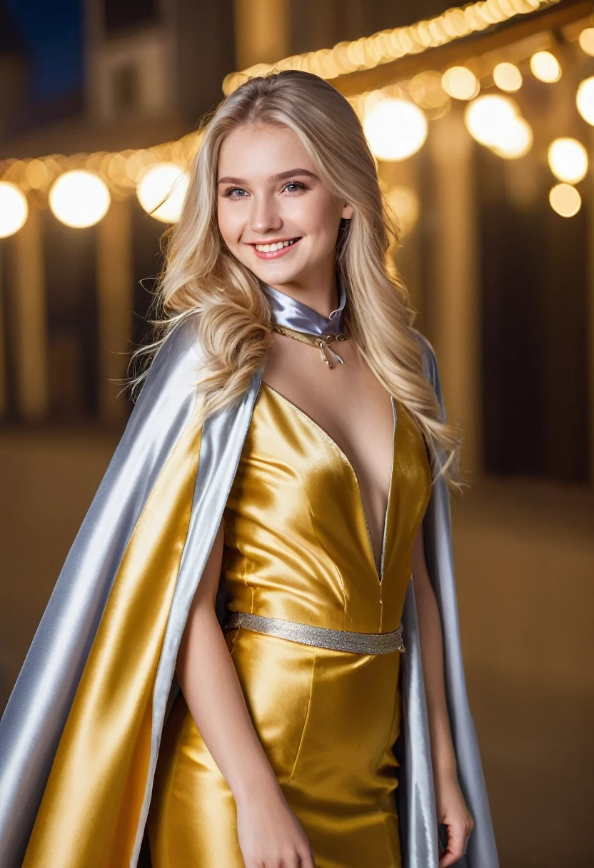 (RAW photo) , 1girl, cute, 20 years old, long blonde hair , smiling, look at viewer, ((((silver and gold lined satin cape tied at the neck)))+++, side spilt skirt , photo, realistic, best quality, hires, detailed face, detailed background, diffused lighting, depth of field, bokeh