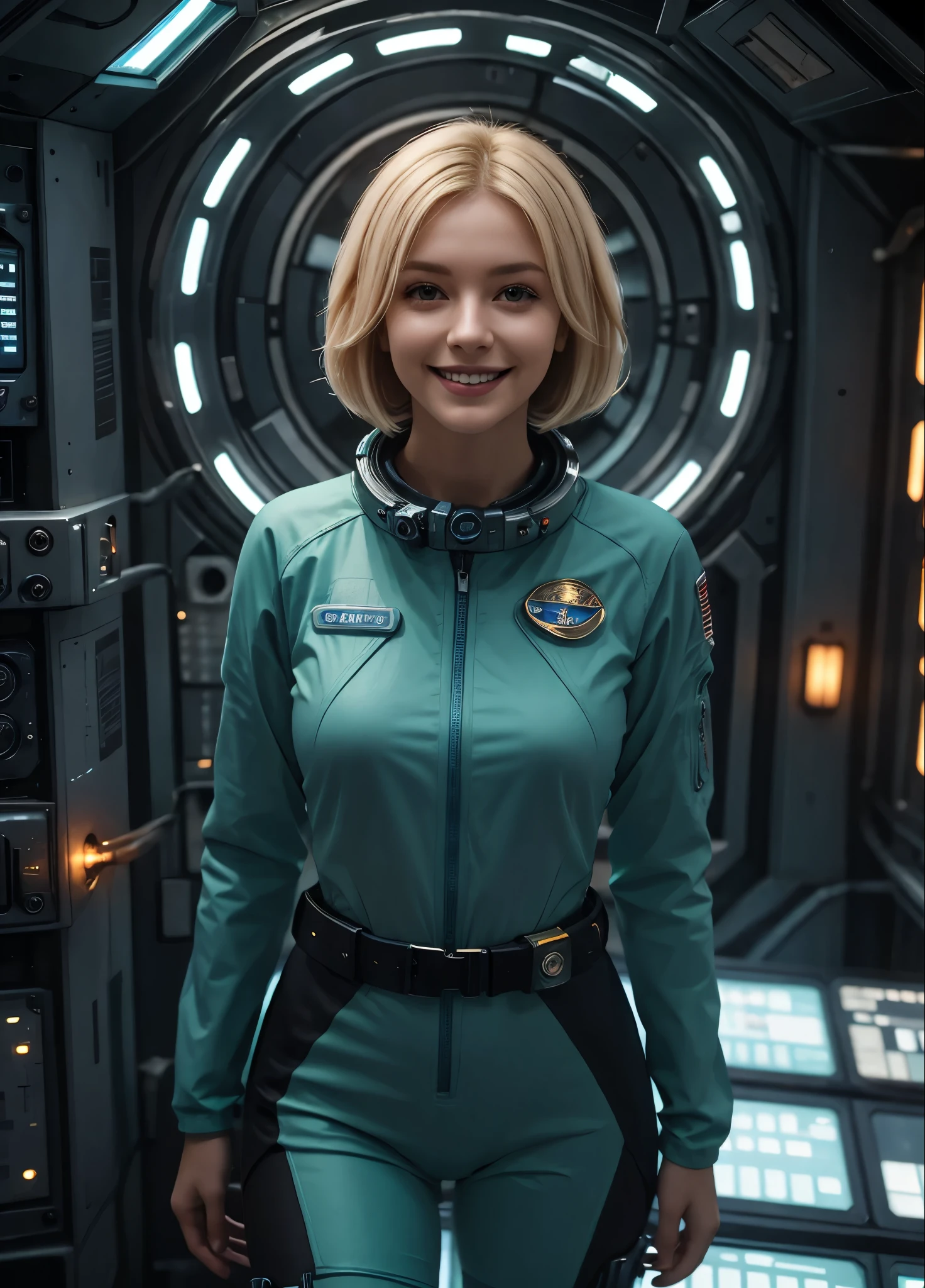 (masterpiece:1.4),(best quality,photorealistic), A beautiful Blonde woman with short Choppy Bob hair style, 48 years old, she is wearing a full length Teal space suit, she has perfect hands and face, ((she is standing in the crew recreational area of a giant space ship)), there is a bar and some gamming machines, and exclusive, Luxury, you can see a moon out of the window, space nebulas, planets, control panel, she wears a gold badge, she has a happy smile,