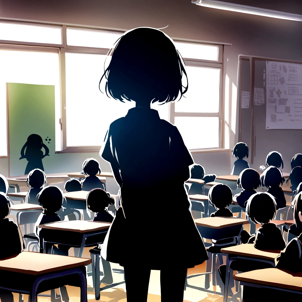 A silhouette of a volunteer,She is lecturing to children on the blackboard。The silhouettes of children listening carefully can also be seen。In the background is a bright classroom,The tables and chairs are basic,Show the spirit of selfless dedication of volunteers。