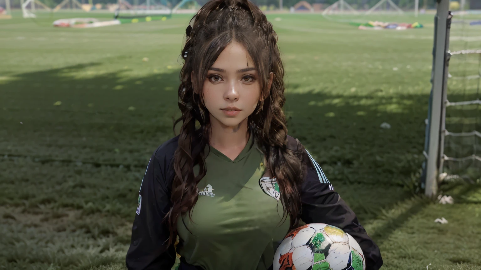 hot soccer girl, (low half ponytail hairstyle:1.6), girl with cute soccer uniform, huge breasts, looking directly at camera, narrow waist, (standing in the middle of a soccer field:1.4), leaning towards the camera, autophoto, holding soccer ball, Soccer field background