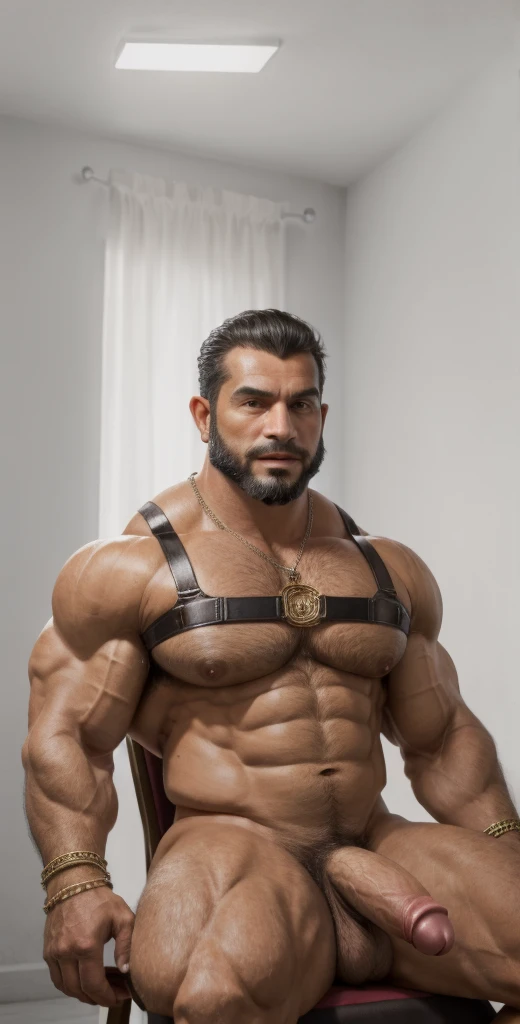 (masterpiece, intricately detailed, highest resolution, best quality:1.2),a cocky Arab male model,a 80 y.o muscle dad with a muscular physique sitting on a chair with black eyes,dark-skinned male, huge beard, mutton- chops, wearing chest harness, bracelets, necklace, jewelry, flaccid penis,saggy balls,hairy chest,vascular,muscle striations,soft light,fantastic realism,