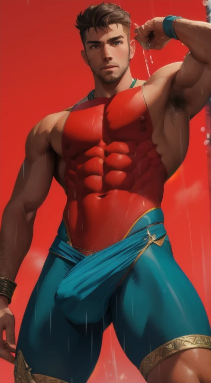 1boy,red background,absurdres,masterpiece,highres,intricately detailed,a gay man,sexy,muscular,strutting outdoors,gorgeous eyes,detailed face,pouring rain,outdoors,global illumination,subsurface scattering, Rear bottom view