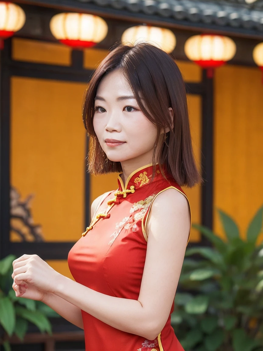 A woman wearing a Chinese dress、She is posing with a traditional Chinese garden as a backdrop。There are red lanterns and bamboo in the background.、Let the elegance and beauty of a woman shine through。