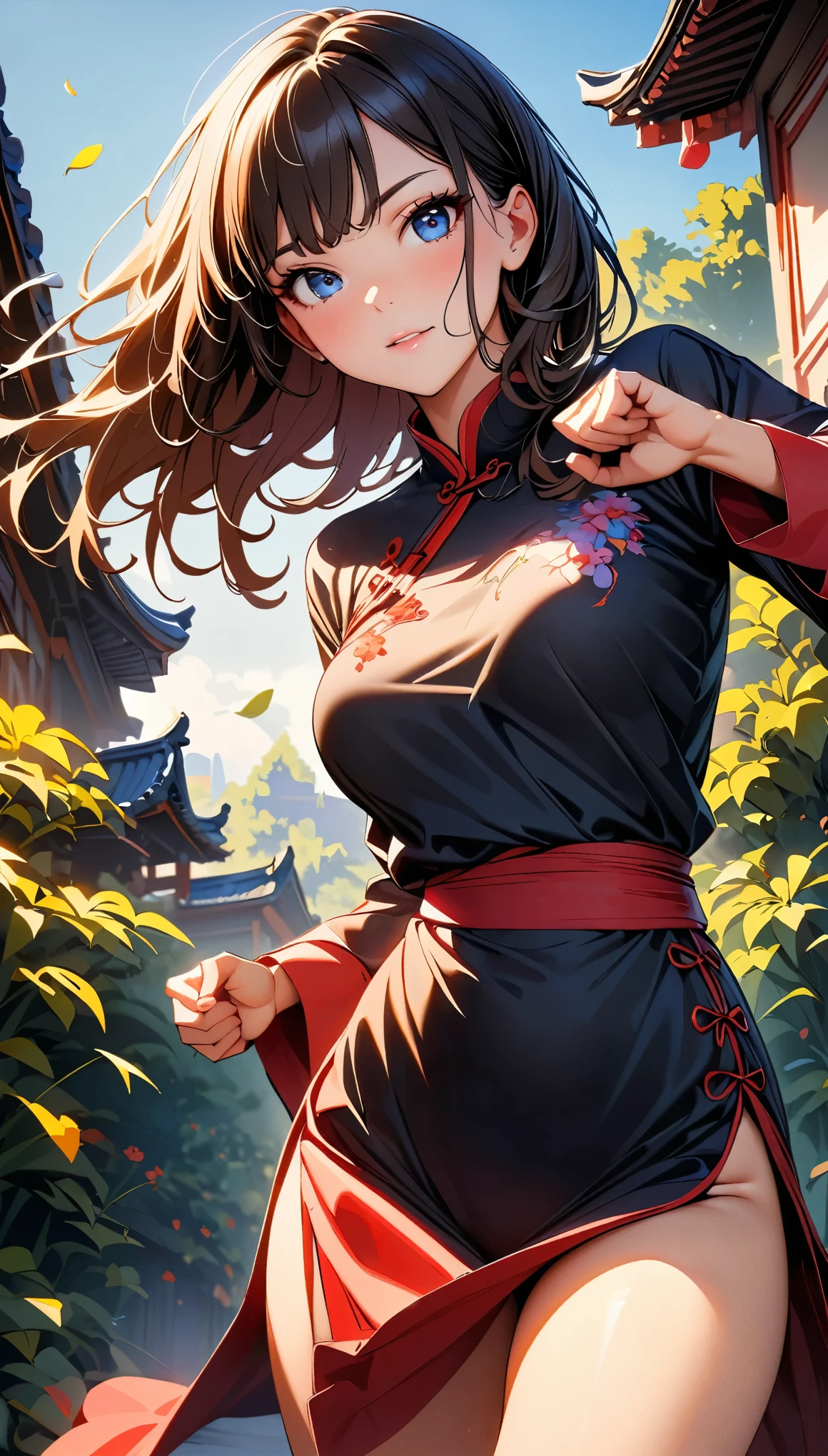 (Highest quality:1.2, Very detailed, up to date, Vibrant, Ultra-high resolution, High Contrast, masterpiece:1.2, Highest quality, Best aesthetics), (Small face), (Very detailedな肌:1.2), One Woman, beautiful girl, Beautiful Face, A girl in a Chinese dress practicing kung fu, Beautiful attention to detail, Beautiful lip detail, Very detailedな目と顔, Long eyelashes, martial arts expert, Powerful and agile movements, Flowing sleeves and dress, Graceful posture, Training in a quiet garden at dawn, wood々The sunlight shines in, Subtle shadows that add depth to the scene, Delicate flowers blooming in the background, Traditional Chinese architecture seen in the distance, Dynamic pose during jump, Powerful kicks and punches, Expressive faces showing determination and focus, Cowboy Shot:1.2, The colorful embroidery on the dress adds a pop of vibrancy., A harmonious color palette based on red and gold, Green tips from the leaves in the garden, soft, Warm lighting creates a relaxing atmosphere.