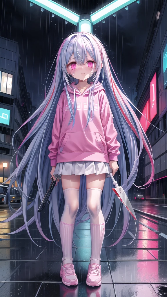 White knee socks，Blue long hair（1.5），Pink and white sweatshirt，Pink Eyes，cry，Blue headphones,Street Scene，Rain scene，Gloomy scene，night，City，Tears（1.6）,Knife in hand，Blood