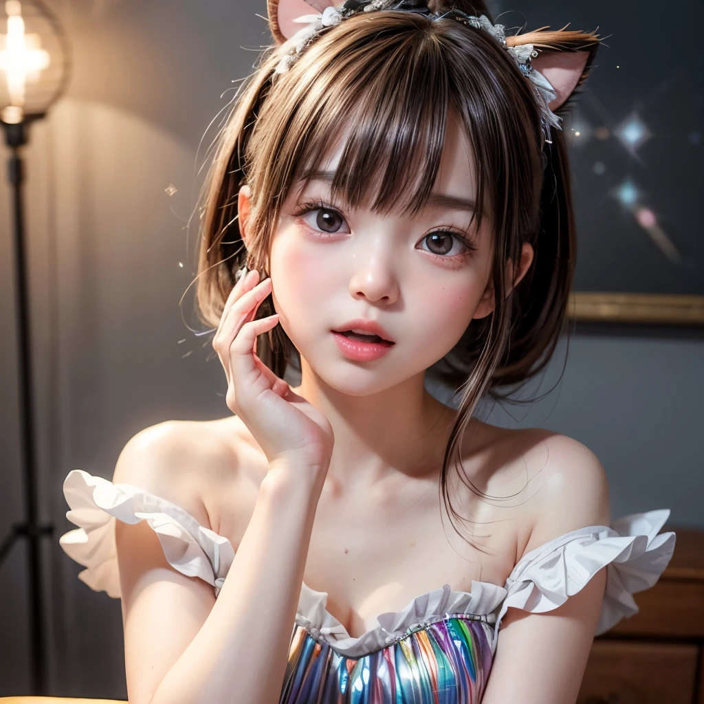 NSFW, 8k, High-level, absurd, masterpiece, best quality, primitive, very detailed CG, very detailed wallpaper, perfect lighting, Extremely detailed (((The personifying " Kanna Hashimoto " as a Little Girl))), MysticSight, Tyndall effect, Tyndall scattering, Studio gray background with (many Dazzling RainbowColor particles BokeH:1.28), (RoundlyButts, ThighGap), (Exposed:0.4), (Assfocus with looking ahead), BREAK (NOGIZAKA face variations) Extremely Detailed very KAWAII face variations, perfect anatomy, Childish, captivating gaze, elaborate detailed Eyes with (sparkling highlights:1.28), long eyelashes、Glossy RED Lips with beautiful details, Coquettish tongue, Rosy cheeks, Radiant PearlSkin with clear transparency . { (Dynamic LifeLike expressions:1.4) | :d) }, (large eyes:-1) .