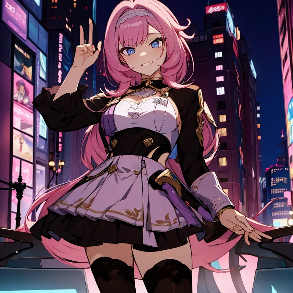 masterpiece, best quality, Extremely detailed, 4K, City background, Standing on the street, girl,Pink Hair ,Smile, Handpiece Style,One hand behind the back。