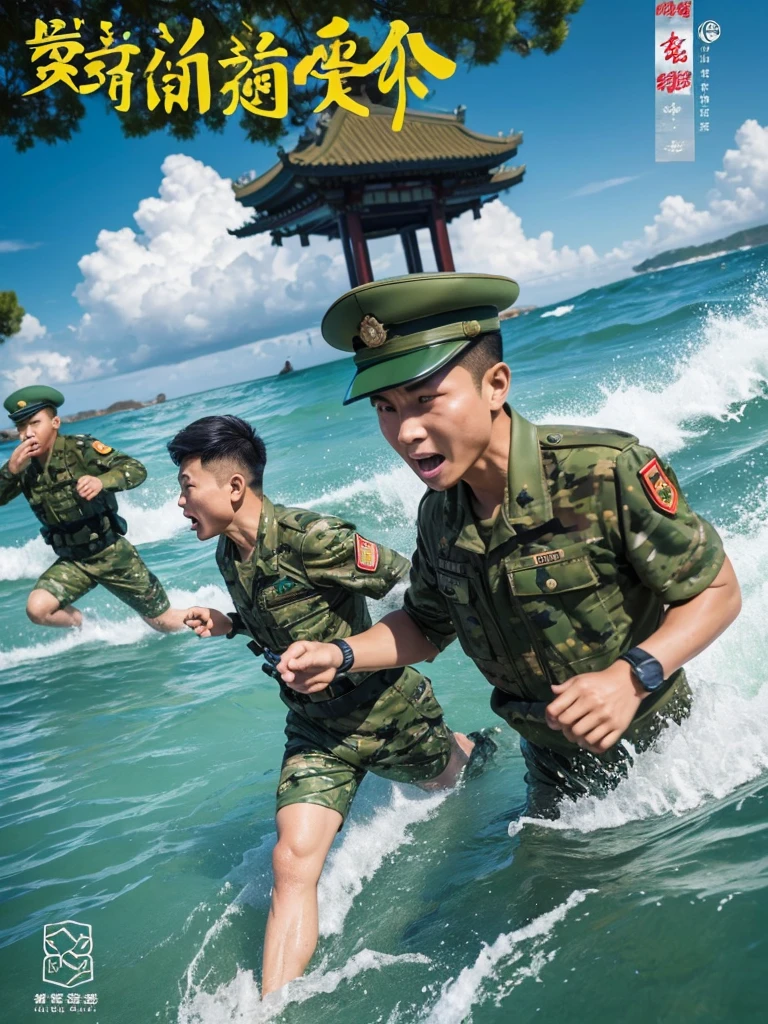 Cartoon，Soldiers，Running in the sea，Brother Bing，Propaganda poster，serious，一个Brother Bing在水边奔跑，Return from the Waves。Q version，Chinese style，Can have more than one character，Green camouflage uniform，Running posture。