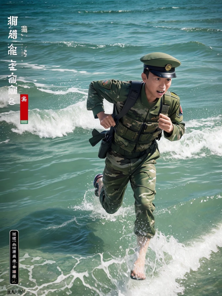 Cartoon,Soldiers,Running in the sea,Brother Bing,Propaganda poster,serious,一个Brother Bing在水边奔跑,Return from the Waves。Q version,Chinese style,Can have more than one character,Green camouflage uniform,Running posture。