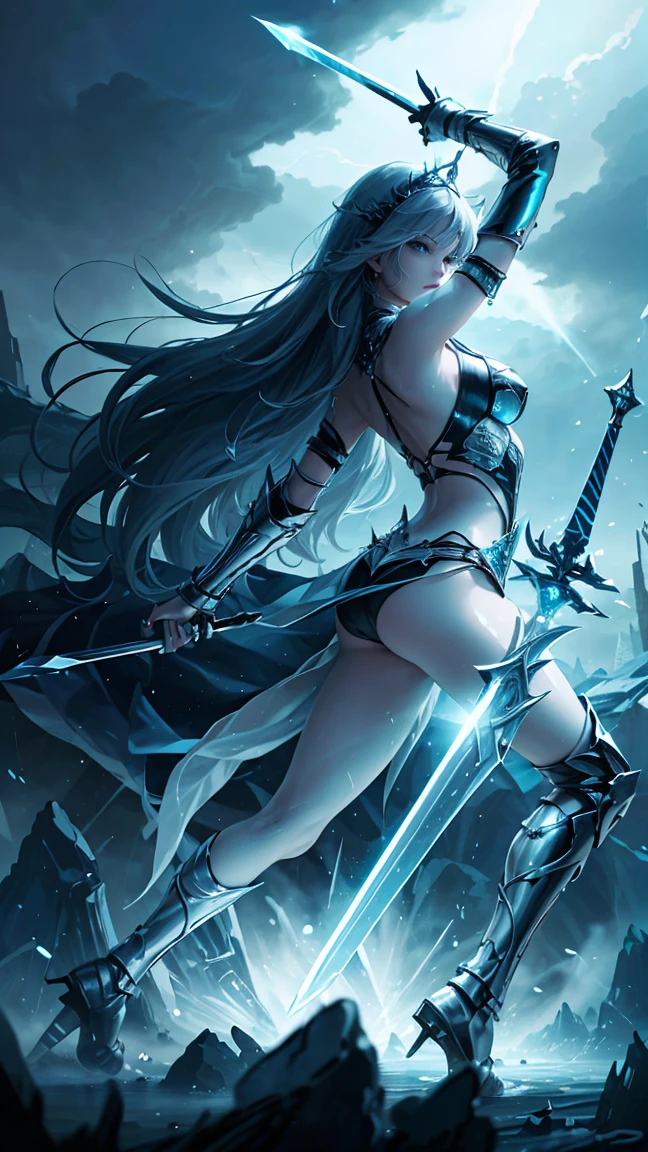 wo twin women while holding blue swords, ice swords, blue, blue aura, two women, twins, twin ice swords.HD lighting and dark )<=(epic image quality)dark atmosphere with bright particle light(many effects in background)