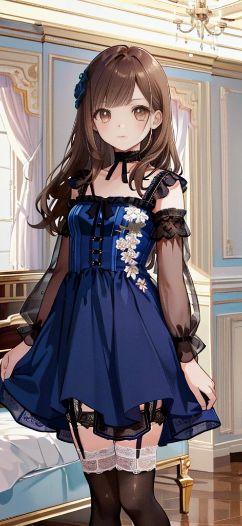 ((masterpiece)), ((best quality)), ((ultra detailed)), ((kawaii)), cute, (lovely), ((extremely detailed)), ((8K)), (beautiful), full body, luxury room, a cute girl, 1girl, solo, blue mini camisole dress,beautiful light brown hair, ((detailed beautiful brown eyes)), white-skinned, flat breast, tiny breast, garter belt,(garter stockings:1.4),pink eyeshadow
