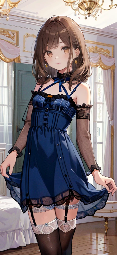 ((masterpiece)), ((best quality)), ((ultra detailed)), ((kawaii)), cute, (lovely), ((extremely detailed)), ((8K)), (beautiful), full body, luxury room, a cute girl, 1girl, solo, blue mini camisole dress,beautiful light brown hair, ((detailed beautiful brown eyes)), white-skinned, flat breast, tiny breast, garter belt,(garter stockings:1.4),pink eyeshadow