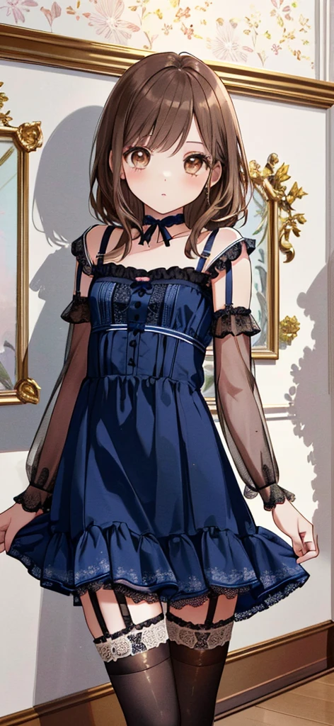 ((masterpiece)), ((best quality)), ((ultra detailed)), ((kawaii)), cute, (lovely), ((extremely detailed)), ((8K)), (beautiful), full body, luxury room, a cute girl, 1girl, solo, blue mini camisole dress,beautiful light brown hair, ((detailed beautiful brown eyes)), white-skinned, flat breast, tiny breast, garter belt,(garter stockings:1.4),pink eyeshadow