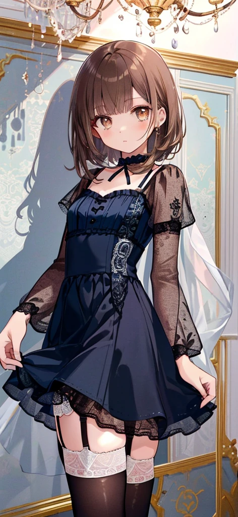 ((masterpiece)), ((best quality)), ((ultra detailed)), ((kawaii)), cute, (lovely), ((extremely detailed)), ((8K)), (beautiful), full body, luxury room, a cute girl, 1girl, solo, blue mini camisole dress,beautiful light brown hair, ((detailed beautiful brown eyes)), white-skinned, flat , tiny , garter belt,(garter stockings:1.4),pink eyeshadow