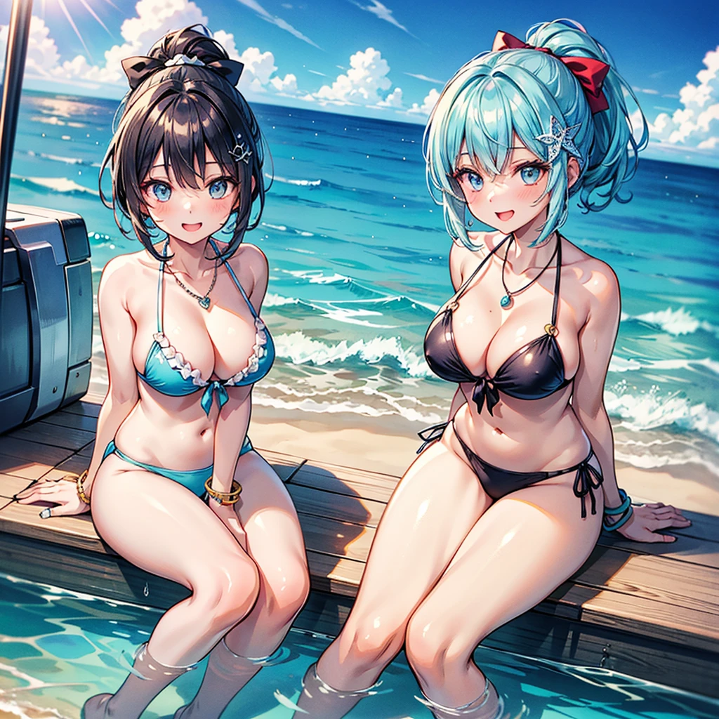 Anime Moe Art Style,Highest quality,High resolution,Anatomically correct,One Girl,-teegirl with light blue hair in a ponytail,Super detailed,Fantasy World,Swimwear,bikini,Big Breasts,Shiny skin,Beautiful Skin,A rich expression,Laughing with your mouth open,Ocean,sit on the bow of a boat.Daytime,Fish out,Eyes drawn in detail,hair ornaments,necklace,bracelet,ring,8K