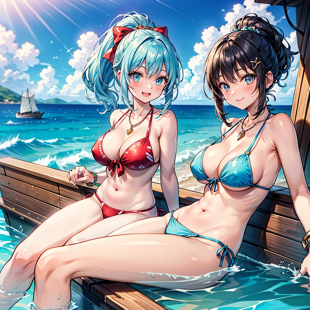 Anime Moe Art Style,Highest quality,High resolution,Anatomically correct,One Girl,Mid-teens,A girl with light blue hair in a ponytail,Super detailed,Fantasy World,Swimwear,bikini,Big Breasts,Shiny skin,Beautiful Skin,A rich expression,Laughing with your mouth open,Ocean,sit on the bow of a boat.Daytime,Fish out,Eyes drawn in detail,hair ornaments,necklace,bracelet,ring,8K