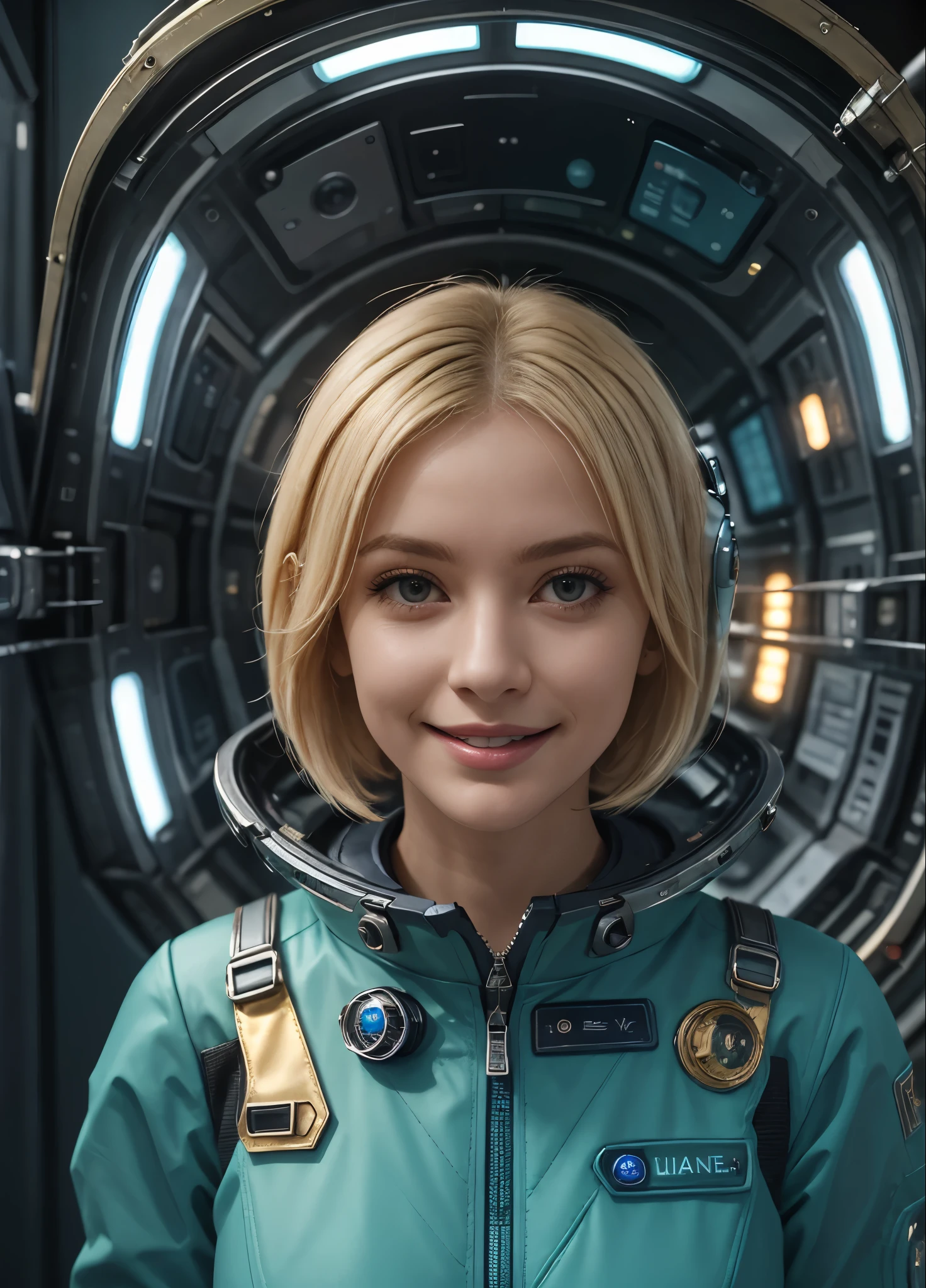 (masterpiece:1.4),(best quality,photorealistic), A beautiful Blonde woman with short Choppy Bob hair style, 48 years old, she is wearing a full length Teal space suit, she has perfect hands and face, ((she is standing in the crew recreational area of a giant space ship)), there is a bar and some gamming machines, and exclusive, Luxury, you can see a moon out of the window, space nebulas, planets, control panel, she wears a gold badge, she has a happy smile,