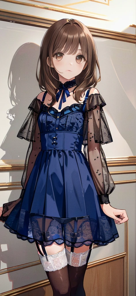 ((masterpiece)), ((best quality)), ((ultra detailed)), ((kawaii)), cute, (lovely), ((extremely detailed)), ((8K)), (beautiful), full body, luxury room, a cute girl, 1girl, solo, blue mini camisole dress,beautiful light brown hair, ((detailed beautiful brown eyes)), white-skinned, flat breast, tiny breast, garter belt,(garter stockings:1.4),pink eyeshadow