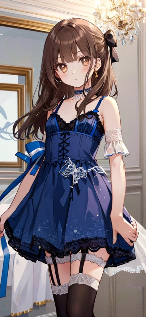((masterpiece)), ((best quality)), ((ultra detailed)), ((kawaii)), cute, (lovely), ((extremely detailed)), ((8K)), (beautiful), full body, luxury room, a cute girl, 1girl, solo, blue mini camisole dress,beautiful light brown hair, ((detailed beautiful brown eyes)), white-skinned, flat breast, tiny breast, garter belt,(garter stockings:1.4),pink eyeshadow