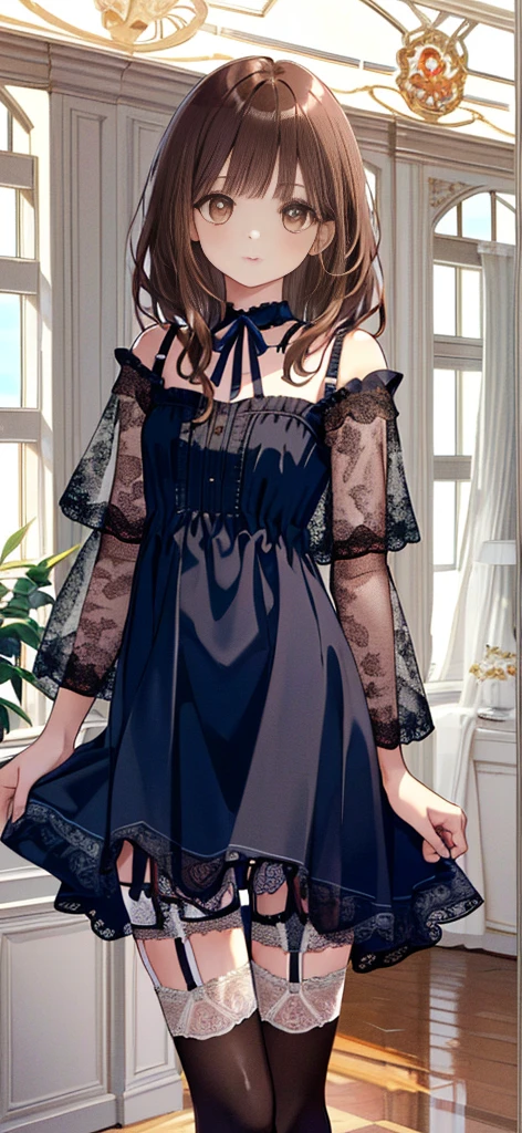 ((masterpiece)), ((best quality)), ((ultra detailed)), ((kawaii)), cute, (lovely), ((extremely detailed)), ((8K)), (beautiful), full body, luxury room, a cute girl, 1girl, solo, blue mini camisole dress,beautiful light brown hair, ((detailed beautiful brown eyes)), white-skinned, flat breast, tiny breast, garter belt,(garter stockings:1.4),pink eyeshadow
