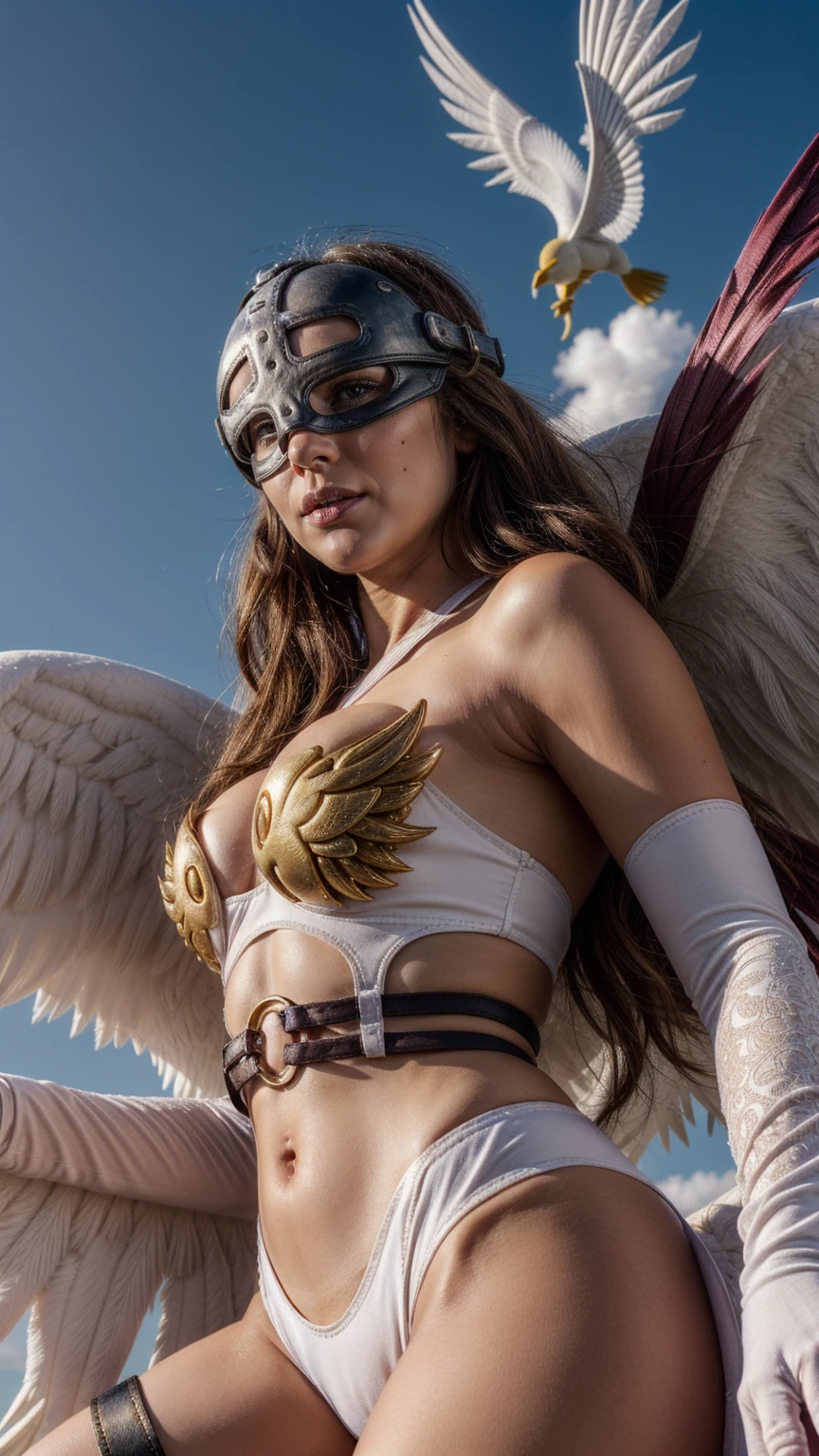 angewomon,angewomon,blonde hair,(covered eyes:1.7),long hair,angel wings,bare shoulders,elbow gloves,feathered wings,gloves,head wings,helmet,navel,pink ribbon,ribbon,single elbow glove,single glove,thigh strap,wings,BREAK looking at viewer,BREAK outdoors,city,(masterpiece:1.2),best quality,high resolution,unity 8k wallpaper,(illustration:0.8),(beautiful detailed eyes:1.6),extremely detailed face,perfect lighting,extremely detailed CG,(perfect hands, perfect anatomy), (helmet covers upper head)