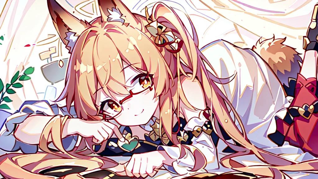 ((Best quality)), ((masterpiece)), (detailed), best quality,8K,original photo,Red Fox Maiden,touch fox,Castle Background, Liveliness. Carefree happy joy bokeh background. Quiet aesthetics. Soft lighting. Artistic Lighting. Gold frame glasses