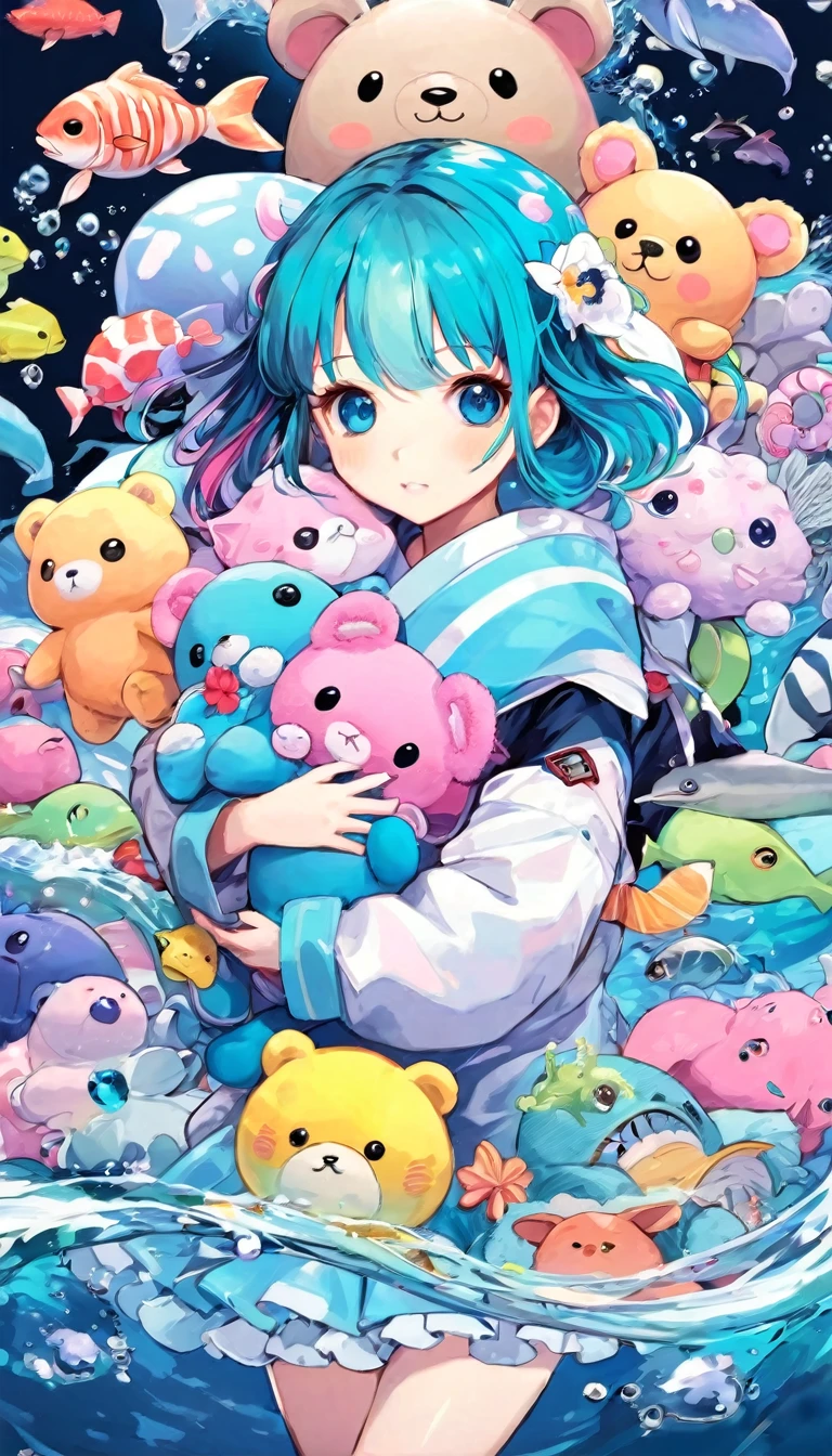 Anime girl holding stuffed sea creatures and other stuffed animals in her arms, Splash art cute anime, Decora inspired illustrations, Best anime Konachan wallpapers, Detailed fan art, By Kamaguruka, Anime covers,