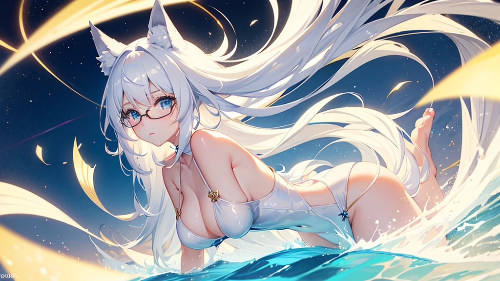 best quality, 8K, original photo, Ridiculous, Extremely detailed, Fox ears，, No makeup, Provocative expressions，slim, Perfect proportion, White straight hair, (wind, wind-effect), blue eyes, Various visual styles for backgrounds，combines various artistic elements，like a sparkling iridescent rainbow，White Fox Girl，swimsuit，Gold frame glasses