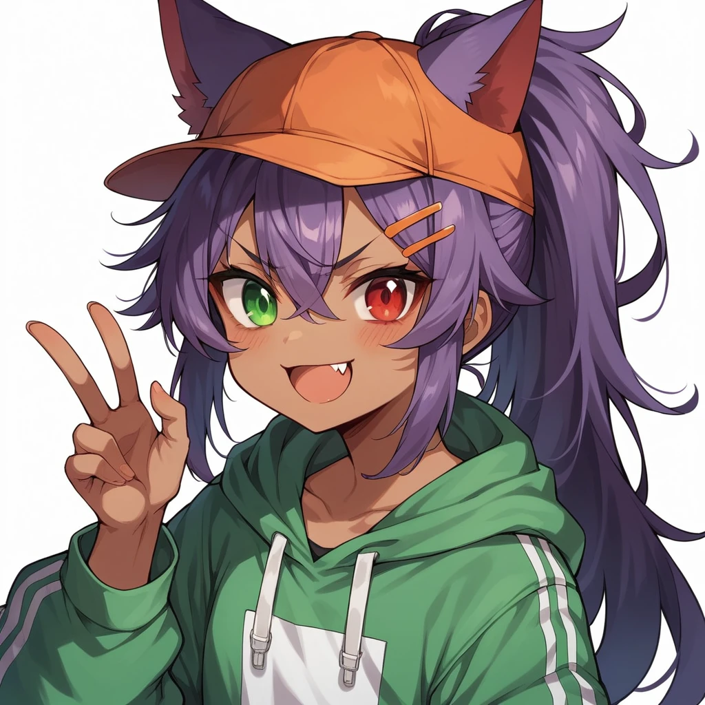 highres,1girl,animal ears,KEMOMIMI,KEMOMIMI hidden by an orange Flat cap,bangs,blush,heterochromia,red eye,green eye,red and green odd eyes,open mouth,fang,dark-skinned female,hair between eyes,hair ornament,orange Flat cap,hairclip,looking at viewer,smile,solo,v-shaped eyebrows,ponytail,Short messy hair,purple hair,two or more colors,white background,simple background