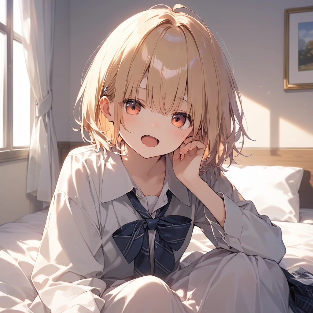 score_9, score_8_up, score_7_up, source_anime, best quality, masterpiece,ultra-detailed,official art, absurdres, highres, waifu2x, break,1girl, school girl, short hair, beautiful detailed eyes, sit, open mouth, (yawn:0.3), sleepily, bed, infirmary, break,(clear line illustration:1.2),very high resolution, very aesthetic, super detailed skin, Best sexual lighting powered by famous artist, 8k,ero picture,beauty illustration,photoshop_(medium),,(Detailed Lighting),