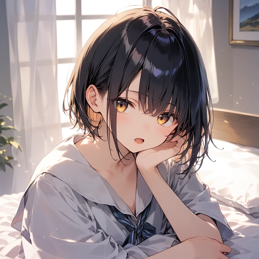 score_9, score_8_up, score_7_up, source_anime, best quality, masterpiece,ultra-detailed,official art, absurdres, highres, waifu2x, break,1girl, school girl, short hair, beautiful detailed eyes, sit, open mouth, (yawn:0.3), sleepily, bed, infirmary, break,(clear line illustration:1.2),very high resolution, very aesthetic, super detailed skin, Best sexual lighting powered by famous artist, 8k,ero picture,beauty illustration,photoshop_(medium),,(Detailed Lighting),