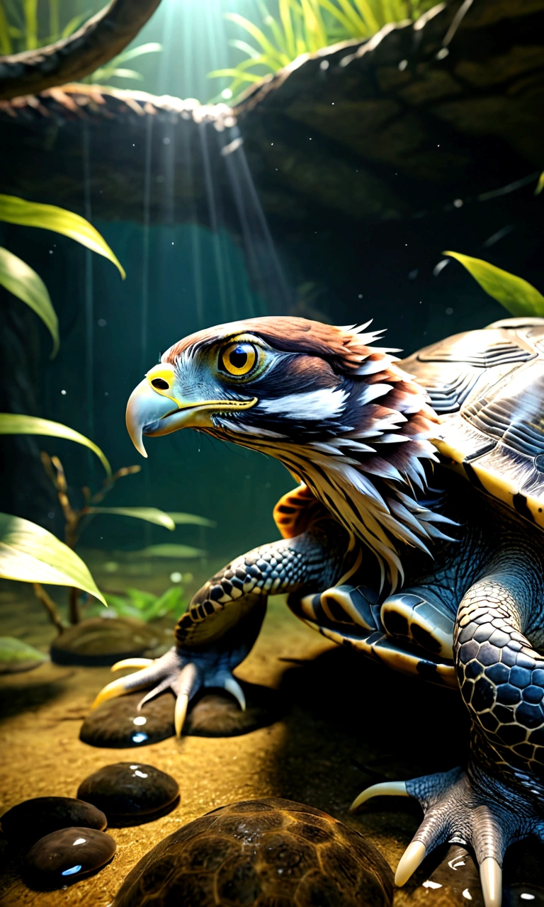 Panorama,There is a creature at the bottom of the river,The head of the eagle,The body of a turtle and the tail of a snake,Mysterious Creatures, shrike, (best quality,4K,8K,High level,masterpiece:1.2),Ultra Detailed,(lifelike,Photo real,Photo real:1.37),Highly detailed animals,Complex patterns,Realistic lighting,Fantasy Creatures