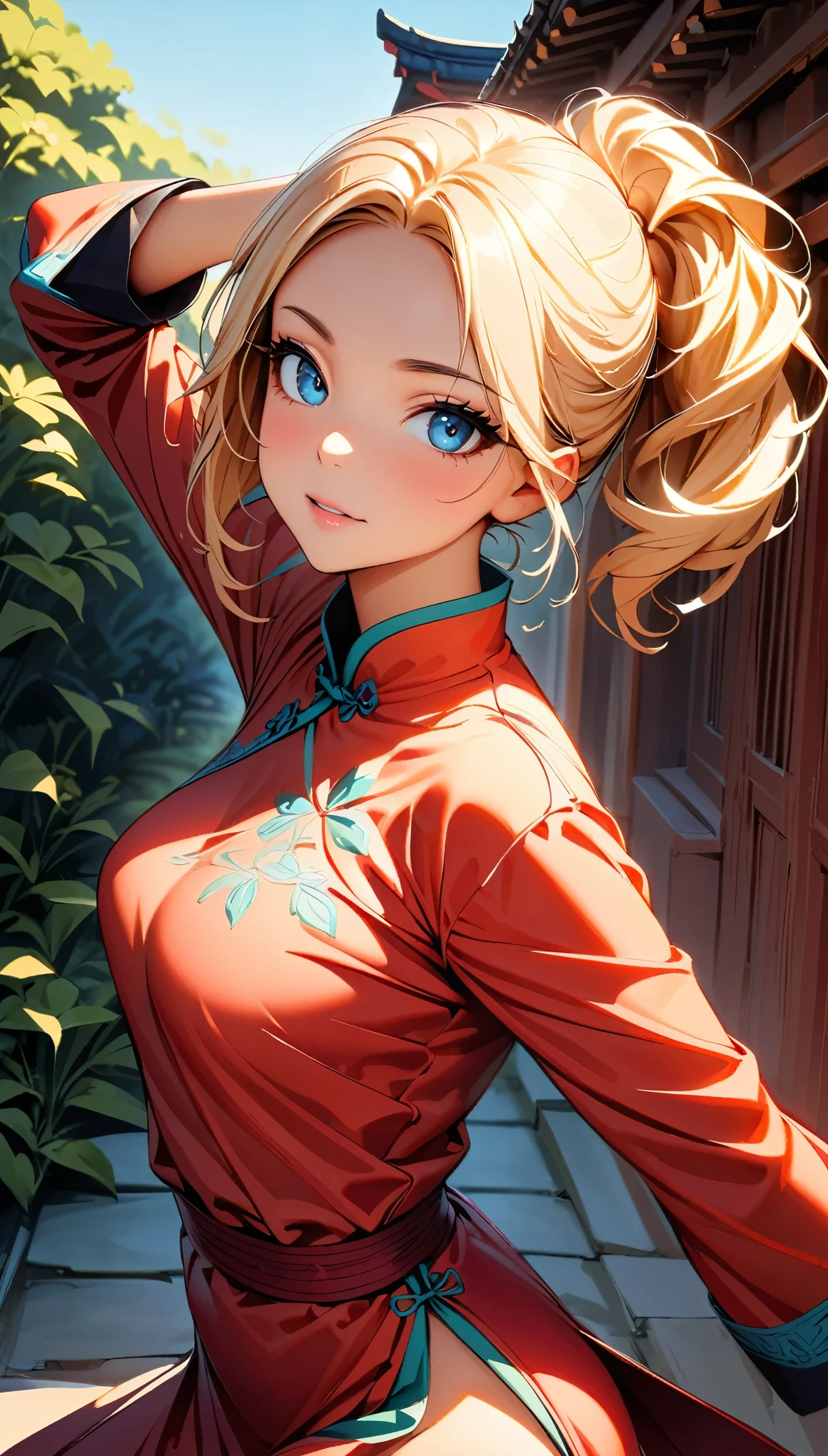 (Highest quality:1.2, Very detailed, up to date, Vibrant, Ultra-high resolution, High Contrast, masterpiece:1.2, Highest quality, Best aesthetics), (Small face), (Very detailedな肌:1.2), One Woman, beautiful girl, Beautiful Face, A girl in a Chinese dress practicing kung fu, Beautiful attention to detail, Beautiful lip detail, Very detailedな目と顔, Long eyelashes, martial arts expert, Powerful and agile movements, Flowing sleeves and dress, Graceful posture, Training in a quiet garden at dawn, wood々The sunlight shines in, Subtle shadows that add depth to the scene, Delicate flowers blooming in the background, Traditional Chinese architecture seen in the distance, Dynamic pose during jump, Powerful kicks and punches, Expressive faces showing determination and focus, Cowboy Shot:1.2, The colorful embroidery on the dress adds a pop of vibrancy., A harmonious color palette based on red and gold, Green tips from the leaves in the garden, soft, Warm lighting creates a relaxing atmosphere.