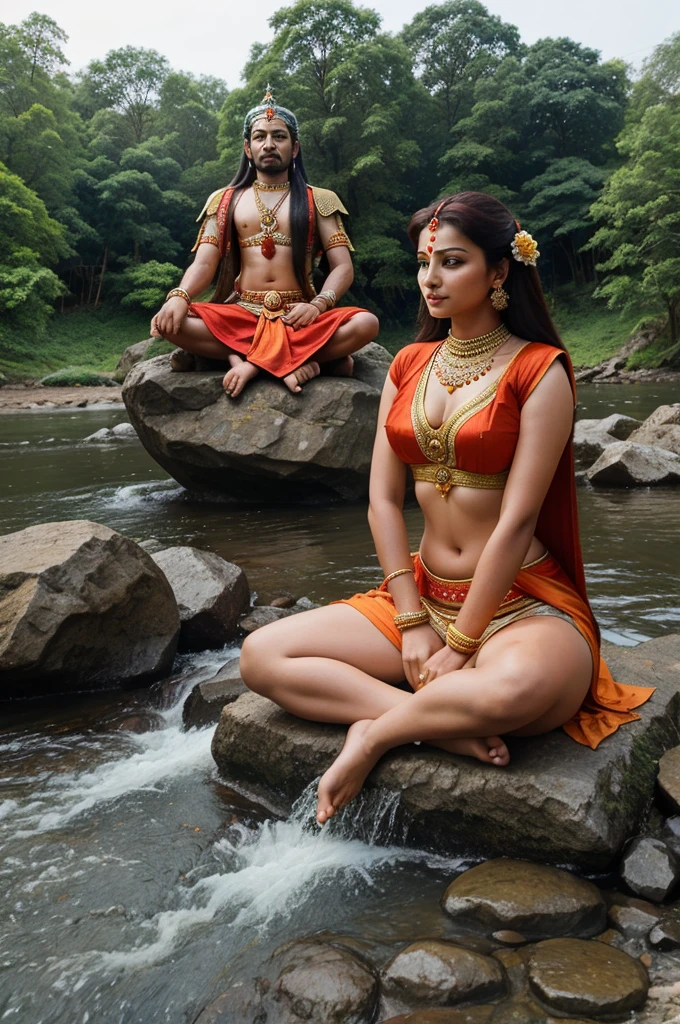 Lord Shankar is sitting and Parvati is standing near the river.