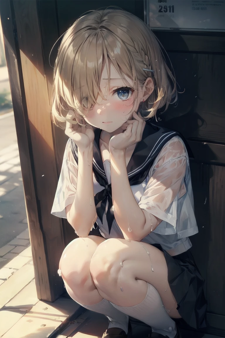 Heavy rain,(stormy atmosphere),outdoors,highest quality, anime moe art style,Best Anime 8K Kona-chan Wallpaper,Pixiv contest winners,perfect anatomy, (Please draw a girl walking sleepily to school),break, 1 girl, (:1.4),high school student, (short hair), amount, (hair above one eye:1.9),All limbs, full finger,medium breasts, betgs, small eyes,Precise blue eyes,hair clip, (sailor suit:1.5),(school uniform:,(wet clothes:1.5),(skirt),On the way tool,break,Super detailed,High resolution,super dense skin,professional lighting,8K eye details,(cute illustration:1.2),blonde hair,(wet hair:1.4),(bra visible through clothes:1.3),No expression,(hair above one eye:1.2),(Bawl),(Embarrassed),(steepled fingers),(squatting),(looking away), (half open mouth),(white pants)