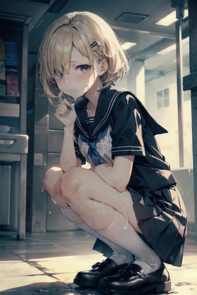 Heavy rain,(stormy atmosphere),outdoors,highest quality, anime moe art style,Best Anime 8K Kona-chan Wallpaper,Pixiv contest winners,perfect anatomy, (Please draw a girl walking sleepily to school),break, 1 girl, (:1.4),high school student, (short hair), amount, (hair above one eye:1.9),All limbs, full finger,medium breasts, between legs, small eyes,Precise blue eyes,hair clip, (sailor suit:1.5),(school uniform:1.5) ,(wet clothes:1.5),(skirt),On the way to school,break,Super detailed,High resolution,super dense skin,professional lighting,8K eye details,(cute illustration:1.2),blonde hair,(wet hair:1.4),(bra visible through clothes:1.3),No expression,(hair above one eye:1.2),(Bawl),(Embarrassed),(steepled fingers),(squatting),(looking away), (half open mouth),(white pants)