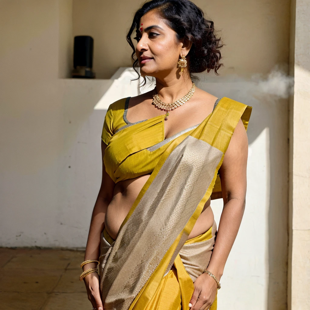 60 year old Curvy Indian Woman wearing Saree and sleeveless blouse. 8k Resolutions, Hyper realistic image 