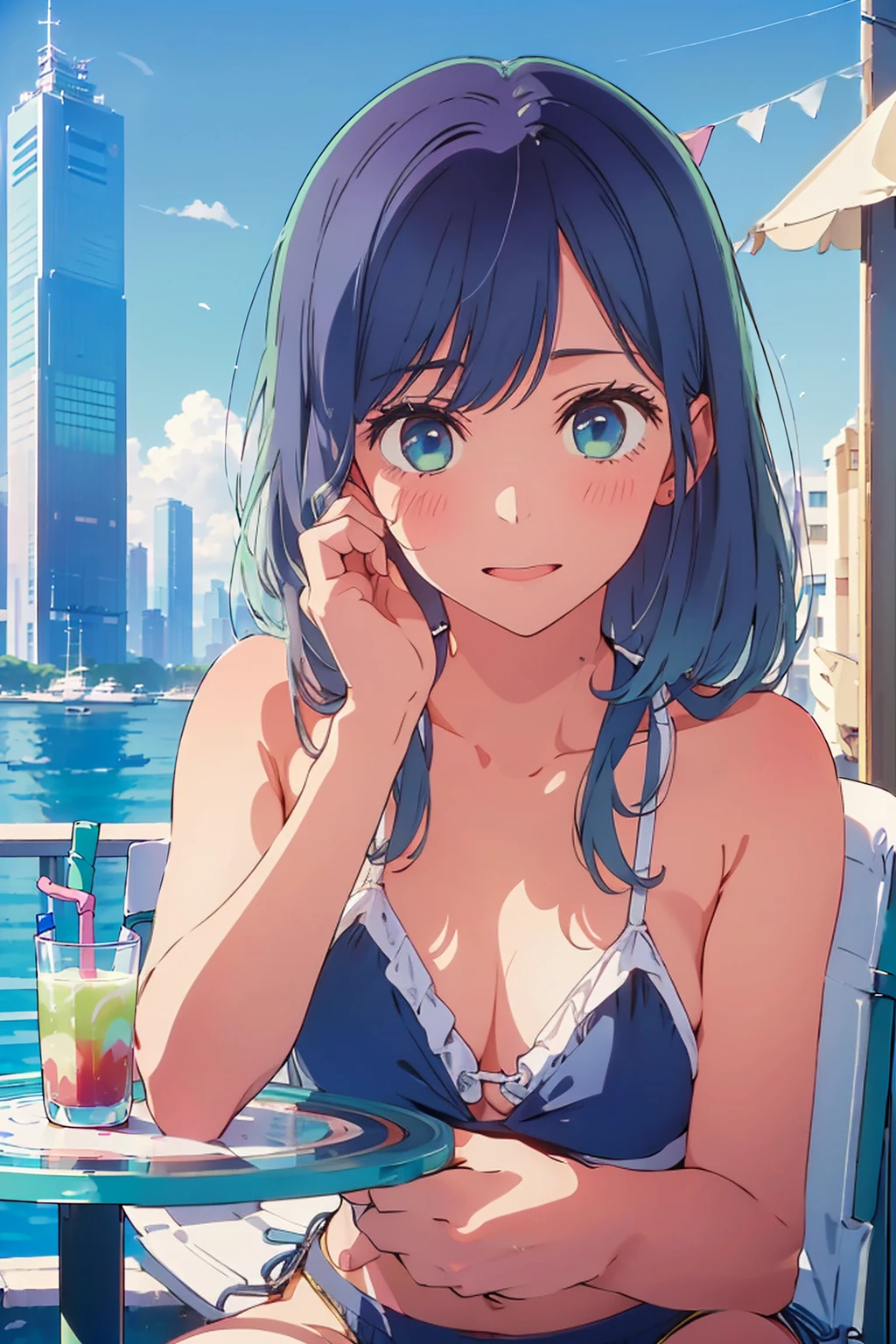 (Highest quality:1.4、8K:1.4、detailed)、F cup bust、Big Breasts、Slim body、Very white beautiful skin、((((1 person、Surprised expression、sit、Chair、In the background are the urban buildings of Tokyo、looking at the camera、Outdoor café terrace、coastal、Navy hair color、juice、White side string high leg bikini、Shooting up close、table、Very cute face))))、(Pose of putting hair behind ears with hands:1.4)、Very blue sky、A completely cloudless sky